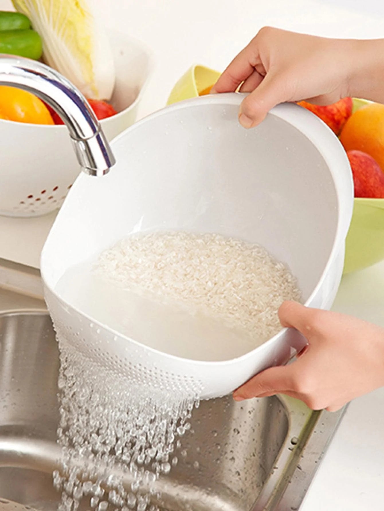 1PC-Silicone Colander, Rice Bowl Drain Basket, Fruit Bowl Washing Drain Basket with Handle Washing Basket for Home